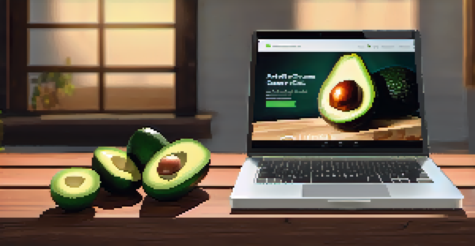 Fresh avocados on a wooden crate next to a digital tablet showing a blockchain tracking interface, illuminated by natural sunlight.