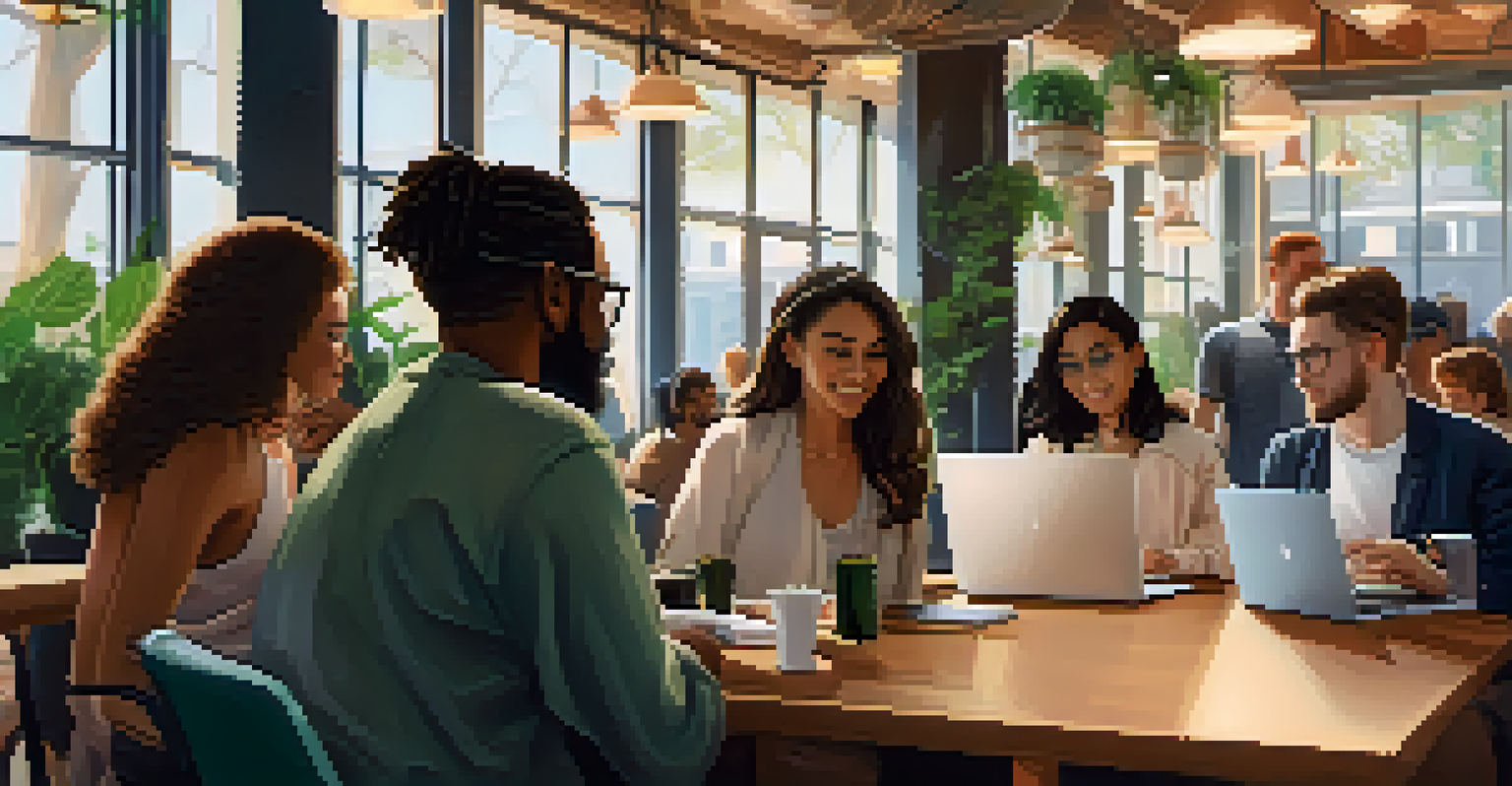 A diverse group of people discussing cryptocurrency in a modern cafe.