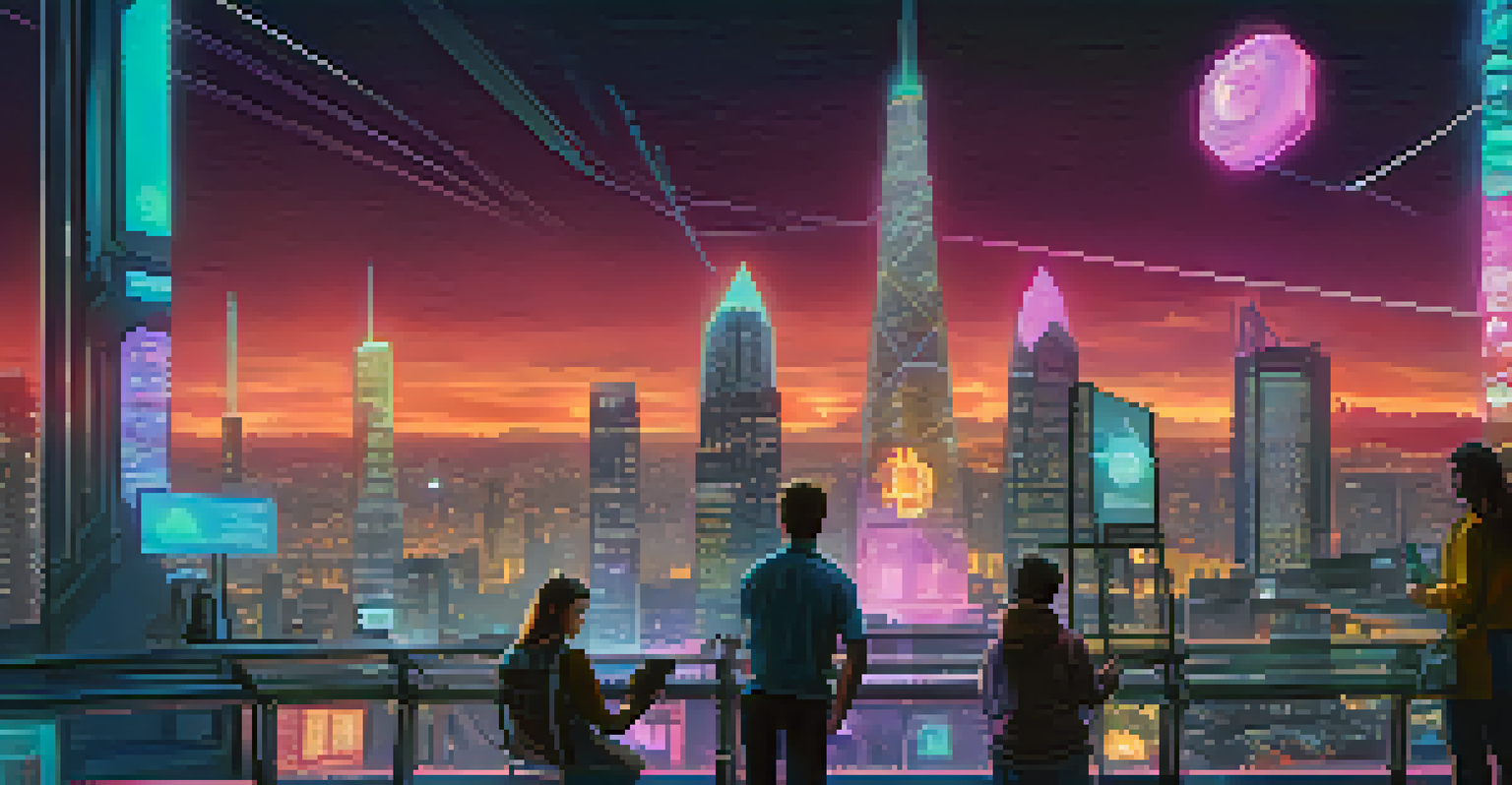 A vibrant cityscape at night featuring holographic displays of Bitcoin exchange rates and people trading cryptocurrencies on mobile devices.