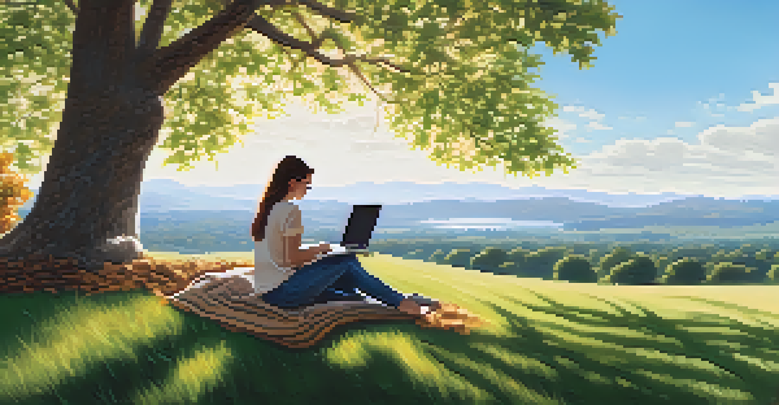 A freelancer working on a laptop outdoors under a tree, symbolizing work-life balance and flexibility.