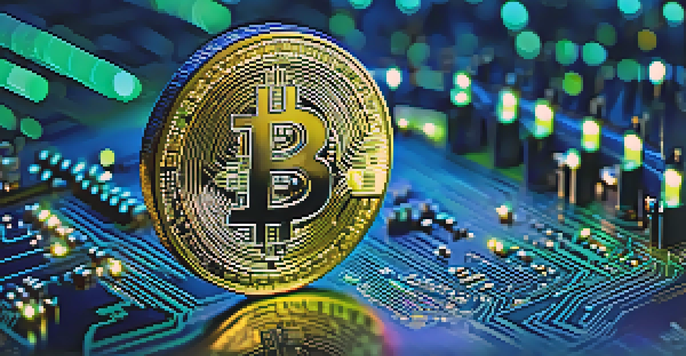 A physical Bitcoin coin on a circuit board with city lights in the background.