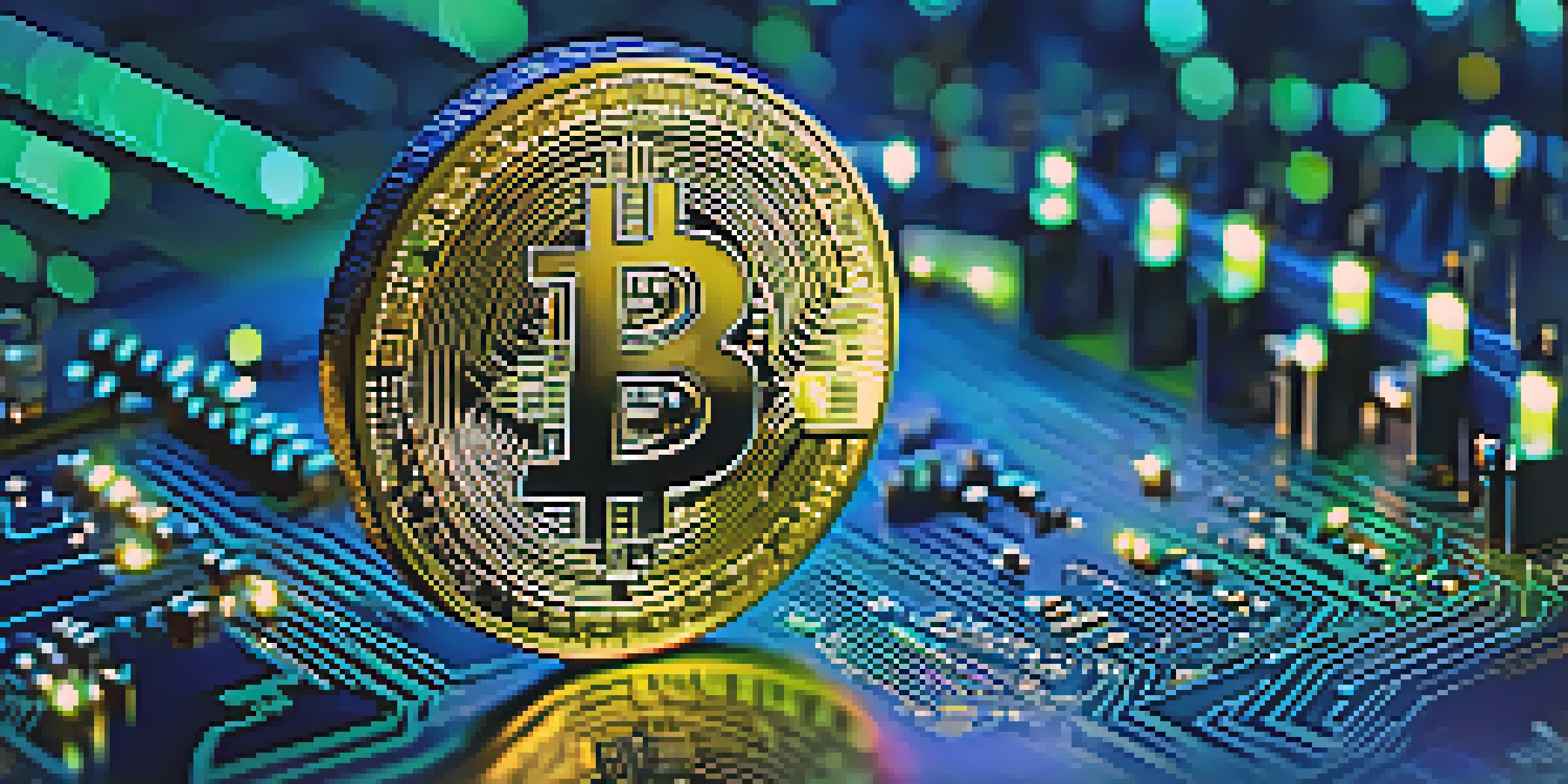 A physical Bitcoin coin on a circuit board with city lights in the background.