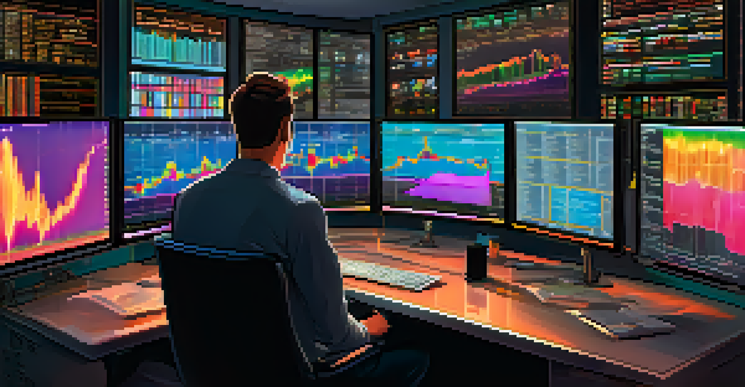 An intense trading environment showing a trader at a desk with multiple screens displaying Bitcoin price charts and indicators.
