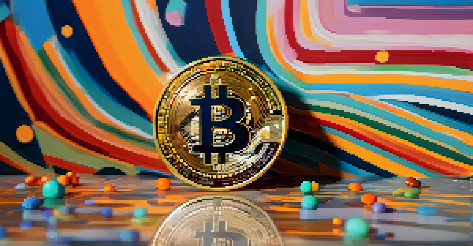 A Bitcoin coin on a textured surface surrounded by colorful abstract shapes representing market trends.