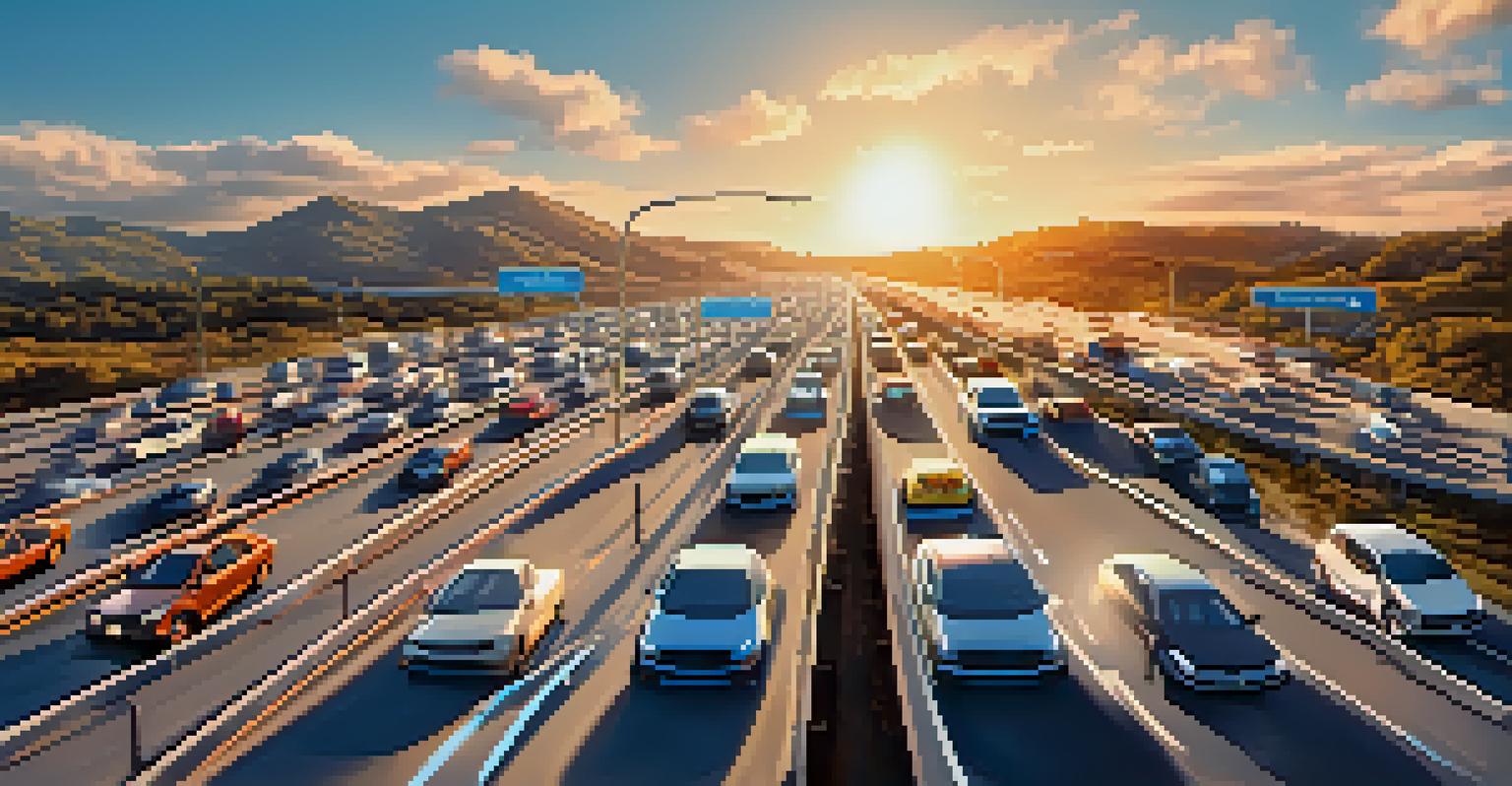 An illustration depicting a congested highway on one side and a smooth-flowing road on the other, representing Bitcoin transactions before and after SegWit.