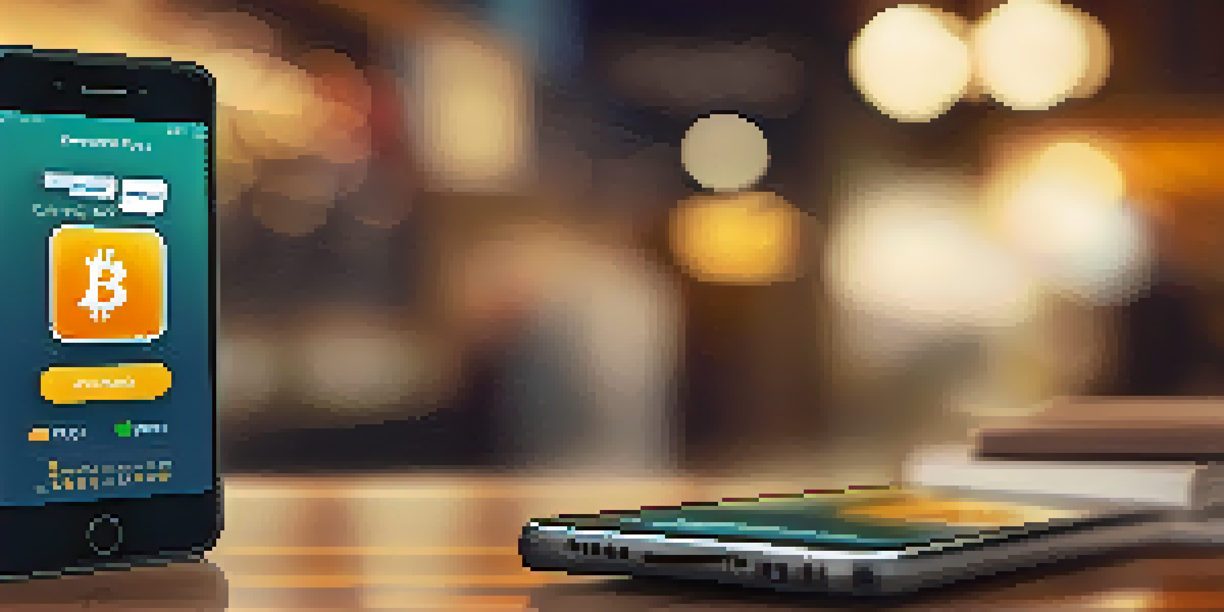 A smartphone showing a mobile payment app with icons for credit cards and Bitcoin, set in a cozy coffee shop with warm lighting.