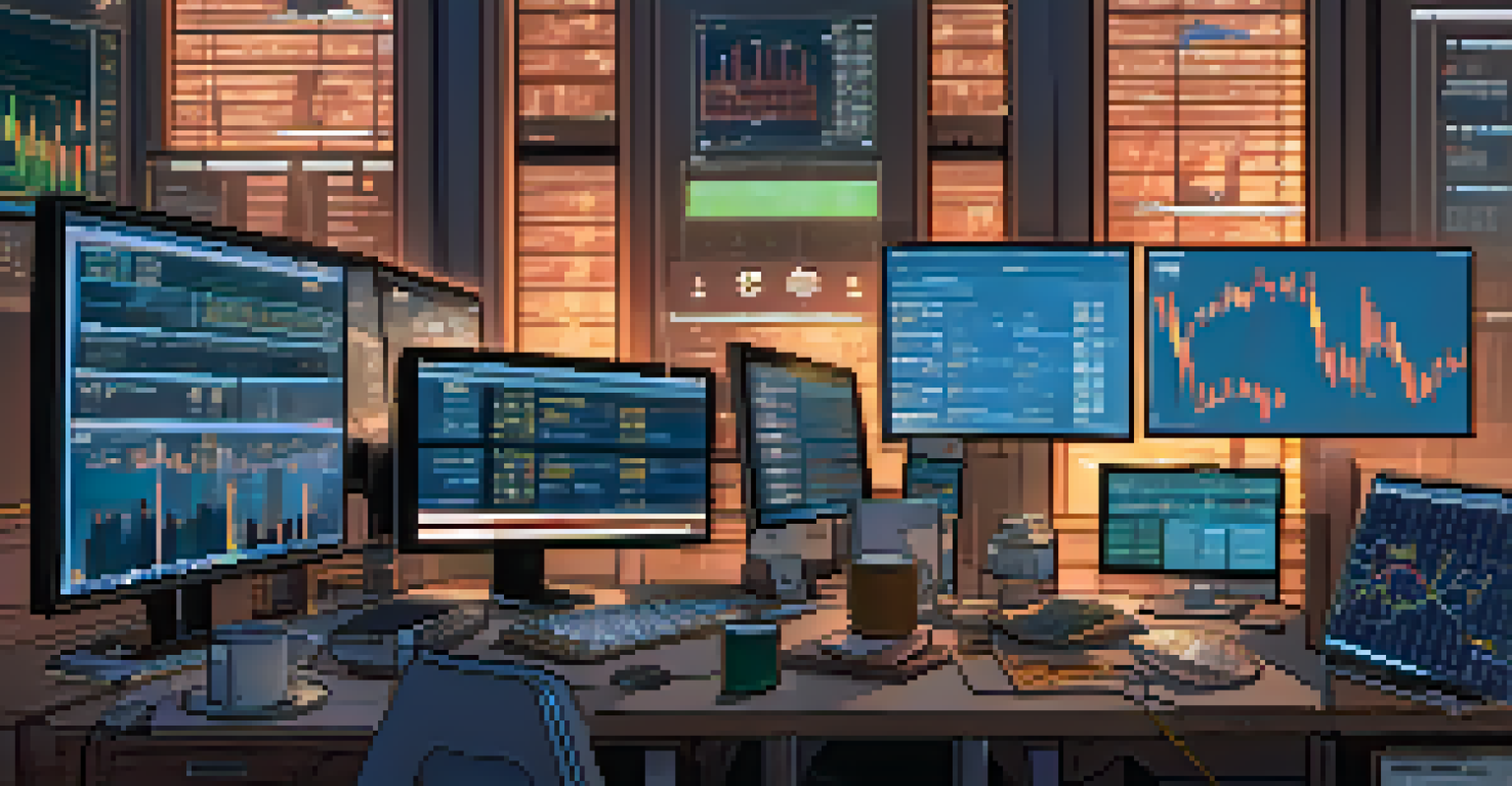 An overhead view of a cryptocurrency trading desk with monitors showing Bitcoin charts.