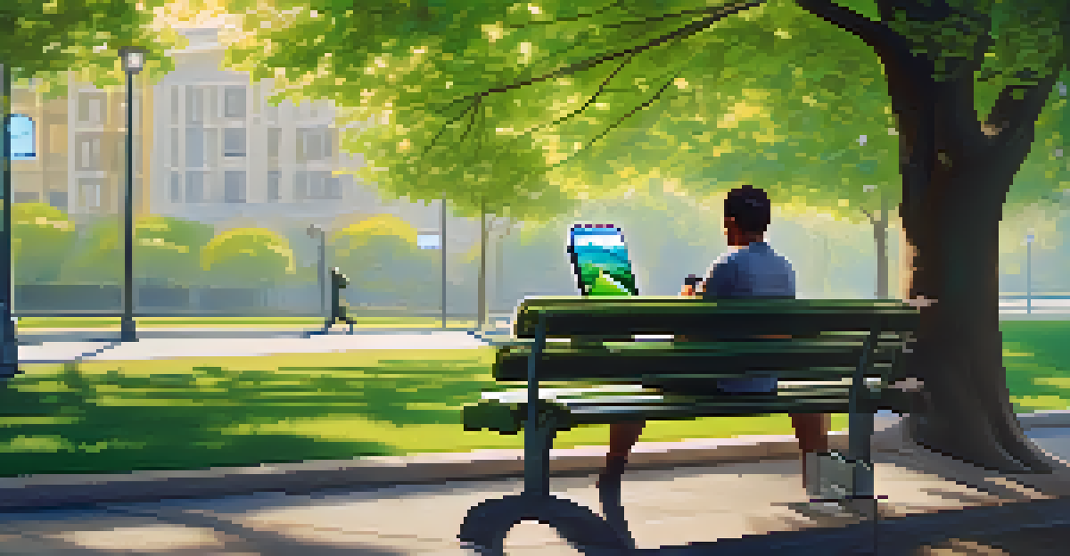 A person using a smartphone on a park bench, with a cryptocurrency app displayed on the screen, surrounded by nature.