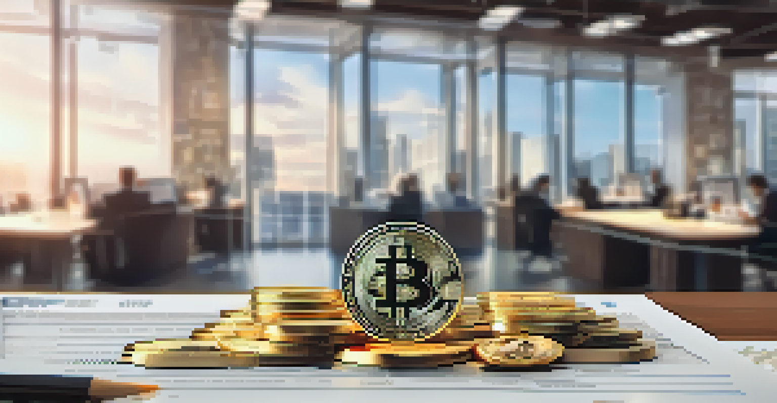 An artistic depiction of a balanced scale with Bitcoin coins and tax documents, set in a softly lit office background.