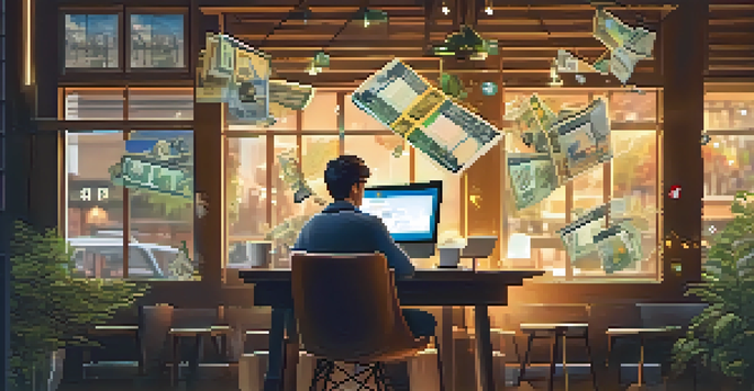 A freelancer using a laptop in a coffee shop, with floating currency symbols around them, representing international payments.