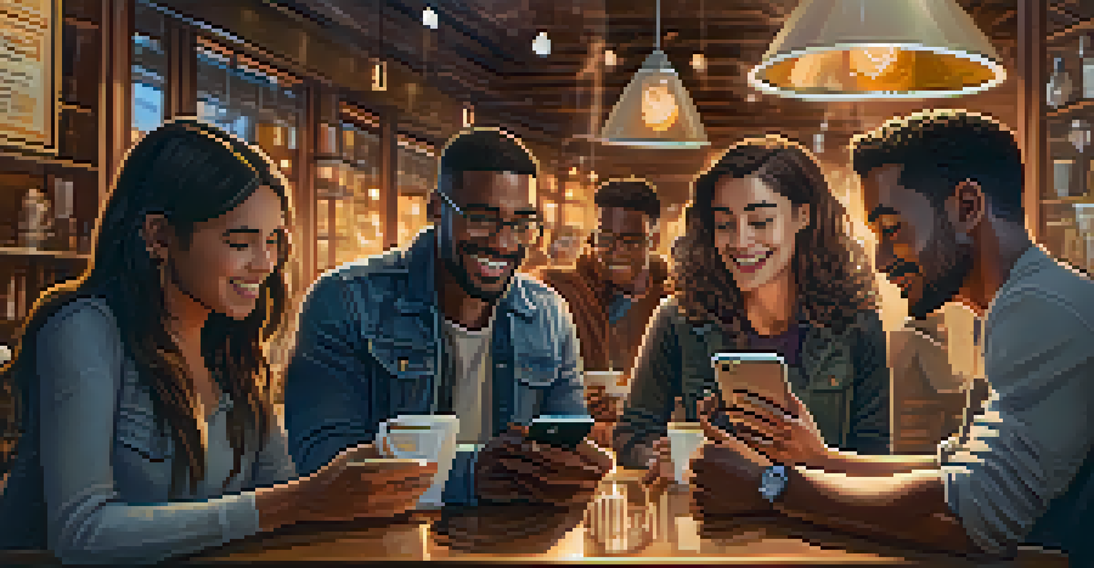 Diverse group of people in a café using smartphones for Bitcoin transactions, with coffee cups on the table.