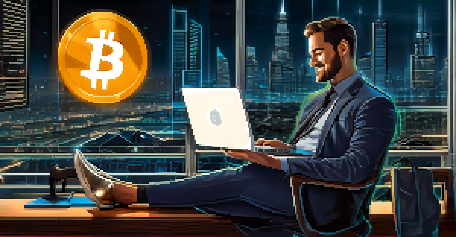 A business owner at a desk with a glowing Bitcoin symbol, celebrating a loan approval with a city skyline in the background.