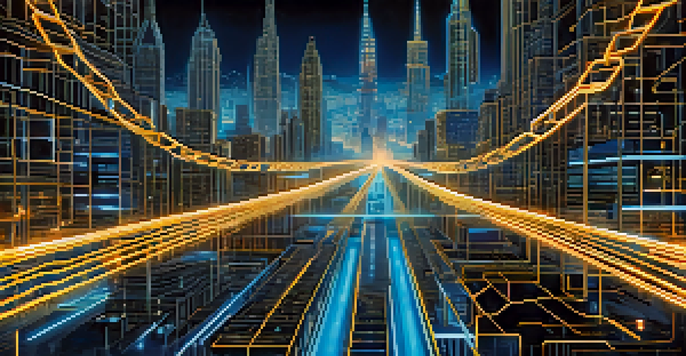 A digital representation of a Bitcoin fork with two diverging blockchain paths, set against a futuristic city skyline illuminated by neon lights.