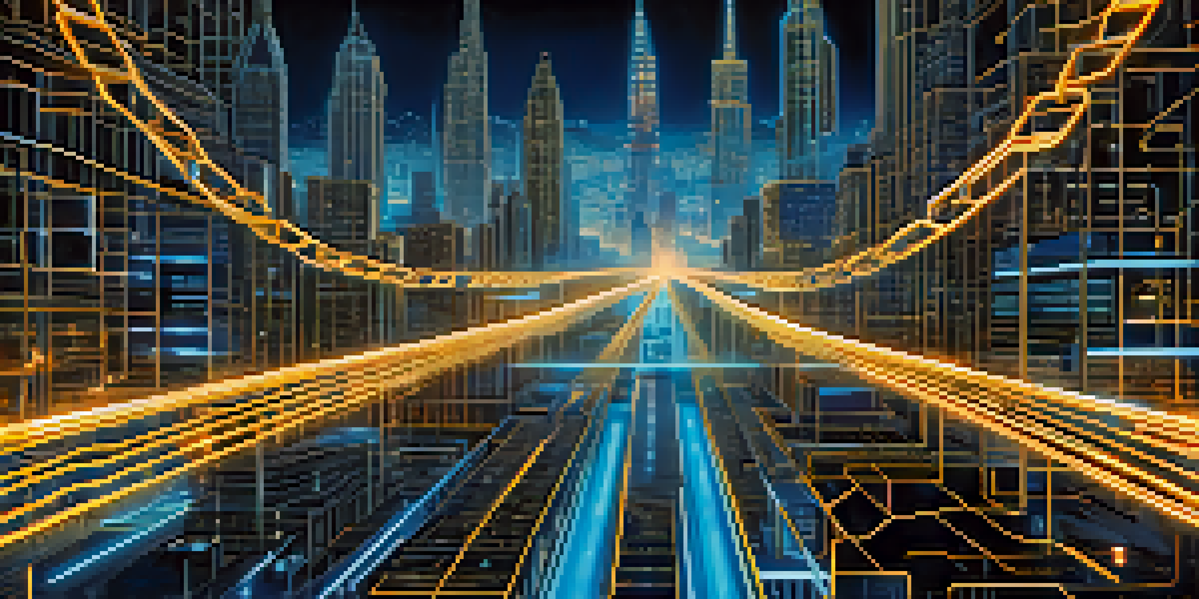 A digital representation of a Bitcoin fork with two diverging blockchain paths, set against a futuristic city skyline illuminated by neon lights.