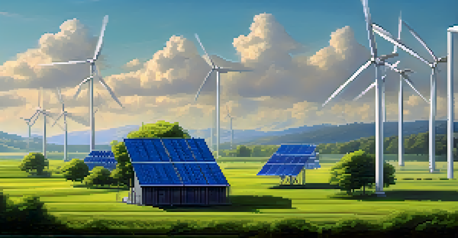 A peaceful scene of a Bitcoin mining facility powered by renewable energy, set against a backdrop of green fields and clear skies.