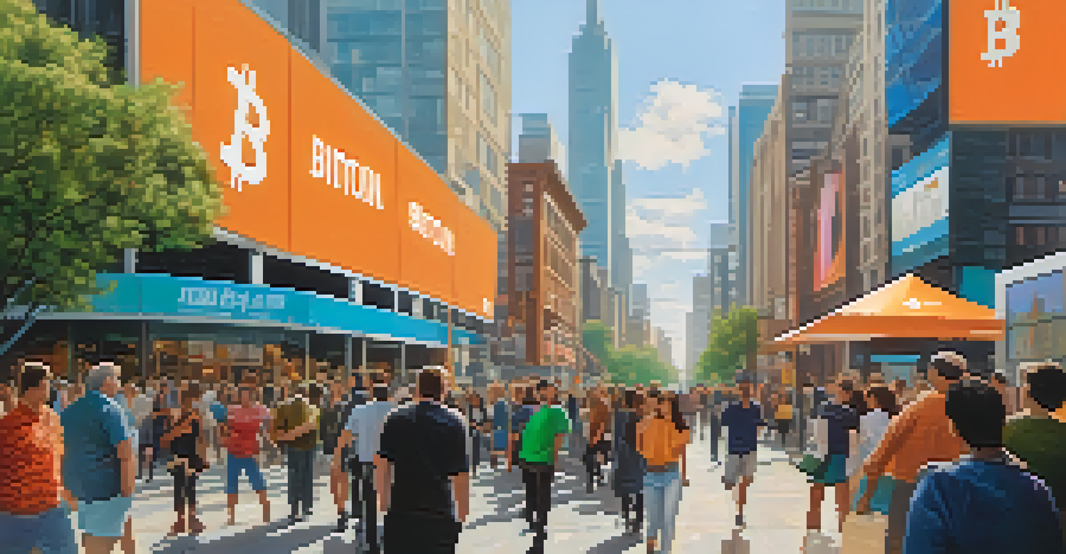 A busy city street filled with people discussing Bitcoin, with modern buildings and digital billboards in the background.