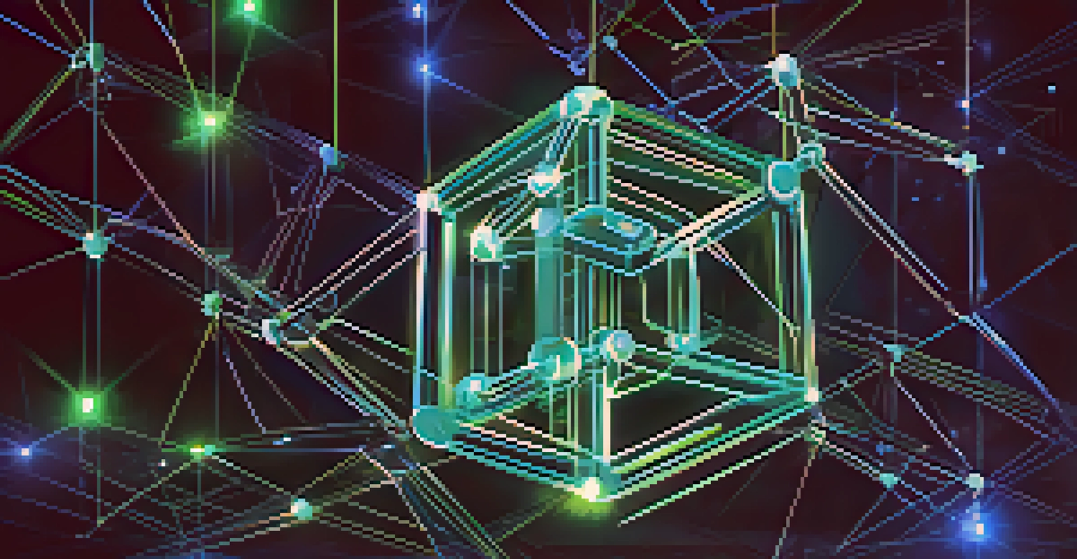 An abstract visual of blockchain technology with interconnected nodes glowing in blue and green against a dark background.