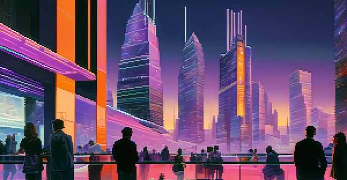 A vibrant city skyline at dusk with neon lights and people interacting with holographic financial data displays.