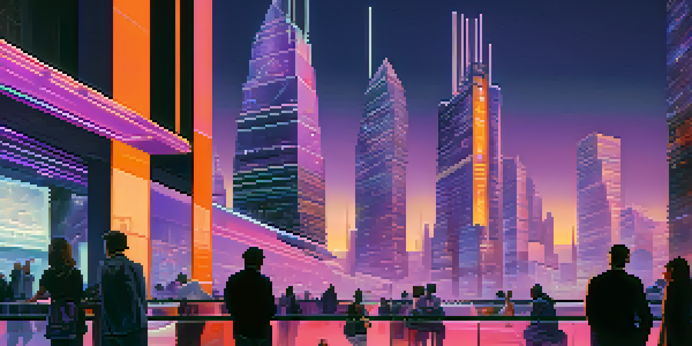 A vibrant city skyline at dusk with neon lights and people interacting with holographic financial data displays.