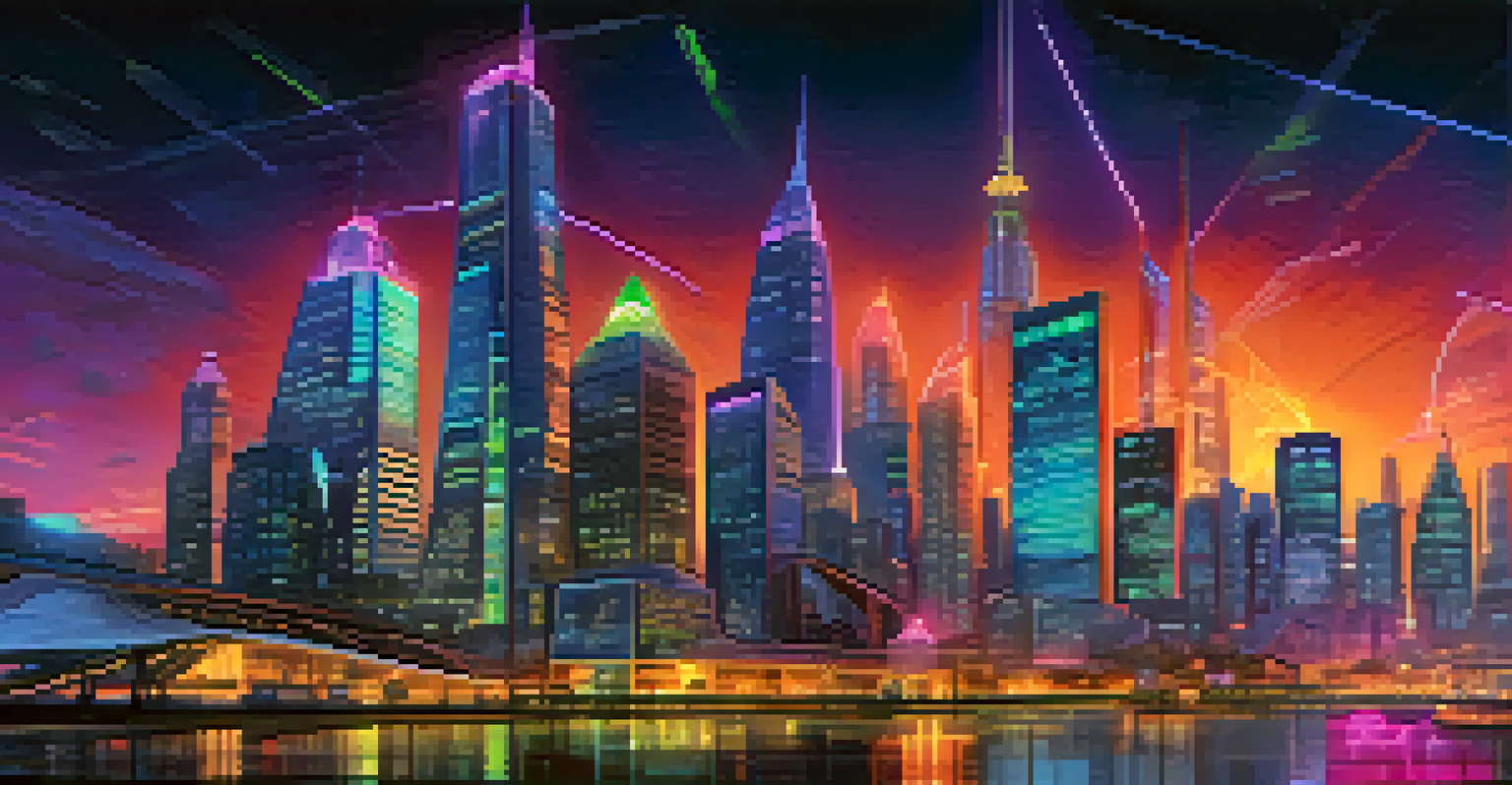 A futuristic city skyline showcasing digital screens with Bitcoin governance discussions, illuminated in vibrant neon colors at dusk.