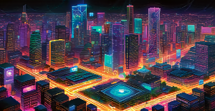 An illustration of a digital ecosystem for decentralized applications, featuring blockchain nodes and interconnected icons representing finance and technology.