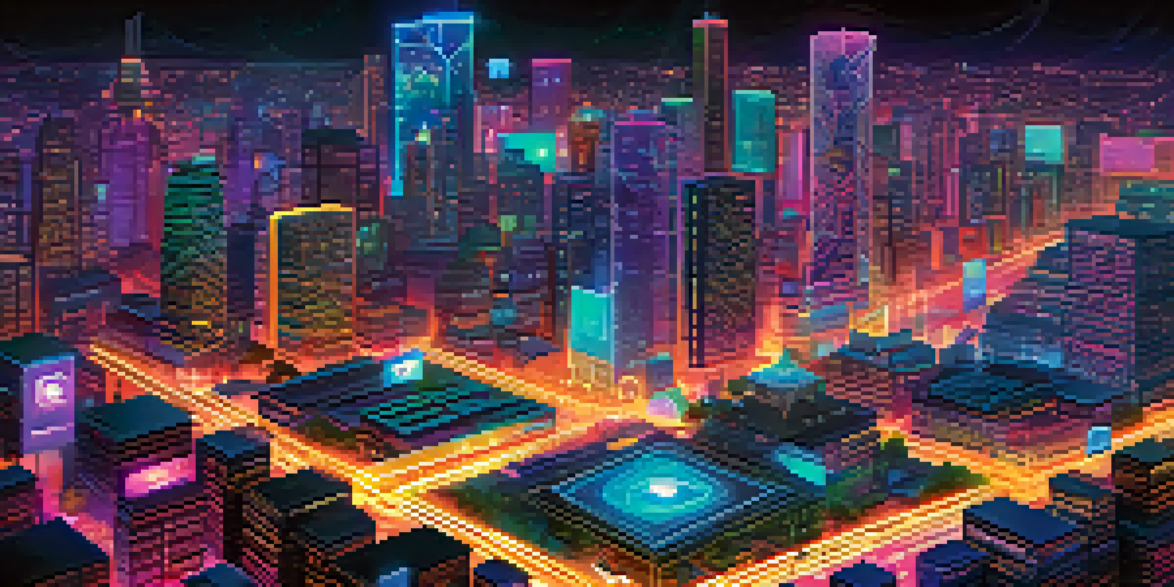 An illustration of a digital ecosystem for decentralized applications, featuring blockchain nodes and interconnected icons representing finance and technology.