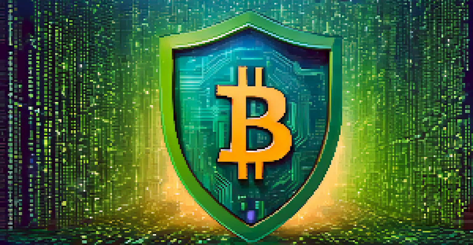 An abstract image of a shield made of digital code and Bitcoin symbols, representing online privacy and security.