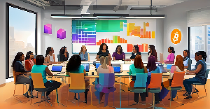 A diverse group of women participating in a Bitcoin workshop, engaged in discussions with laptops and colorful charts around a table in a modern conference room.
