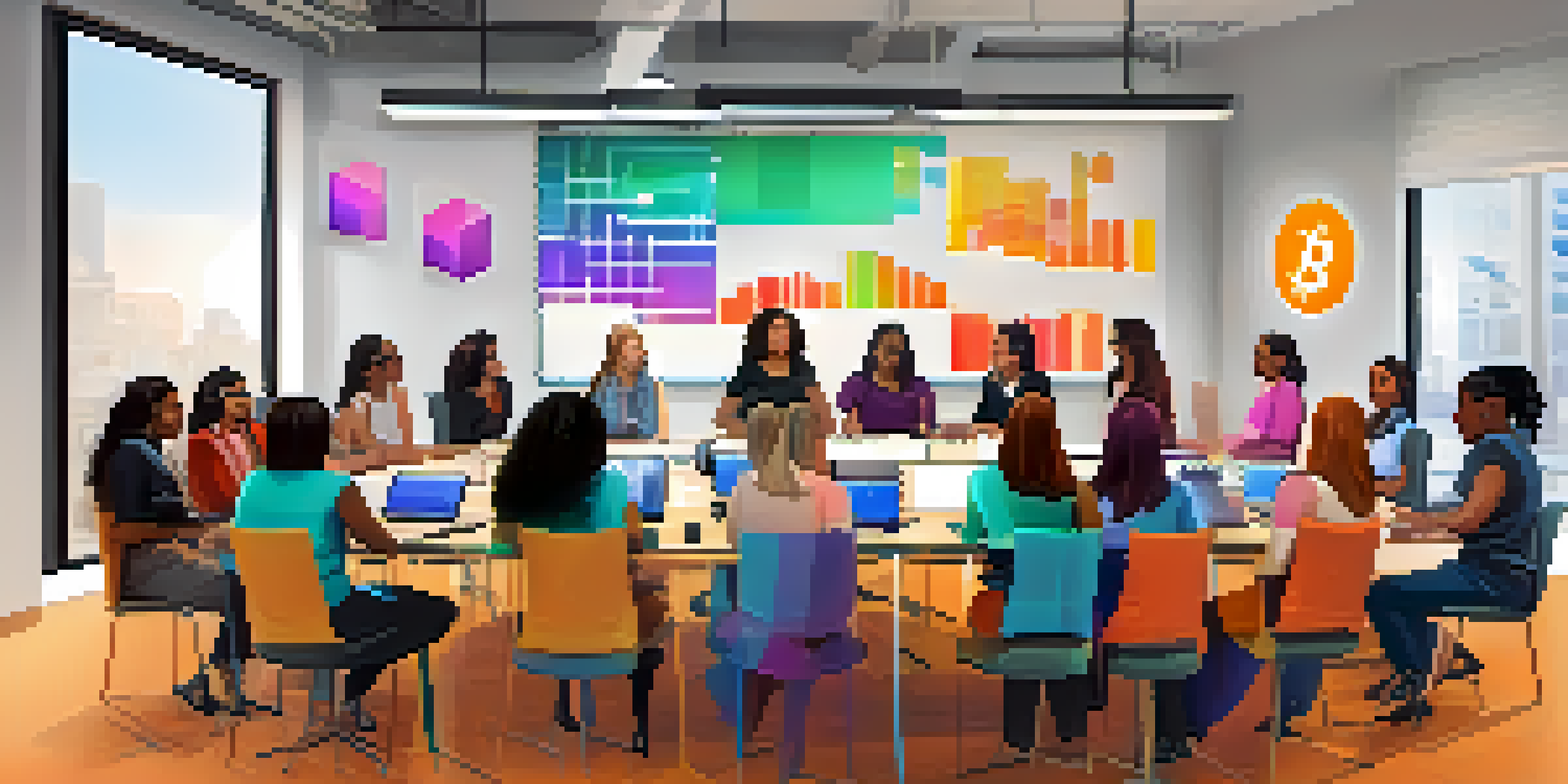 A diverse group of women participating in a Bitcoin workshop, engaged in discussions with laptops and colorful charts around a table in a modern conference room.