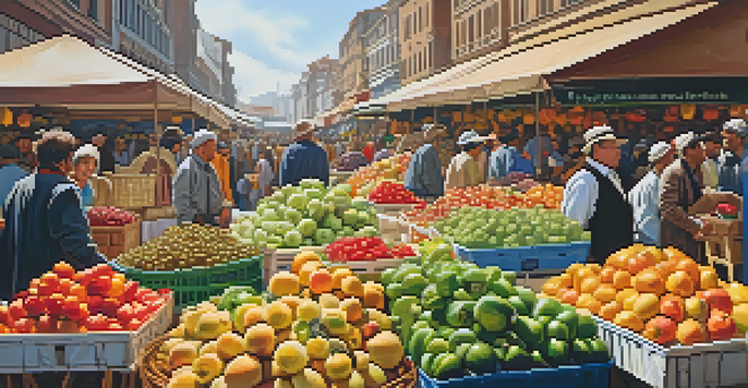 A busy marketplace with stalls of fruits and vegetables showing increased prices, and shoppers looking concerned.