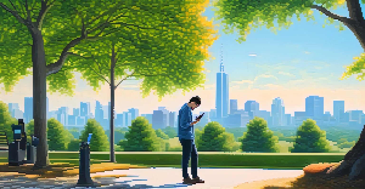 A person in a park using a smartphone for a Bitcoin transaction, surrounded by trees and a blue sky.