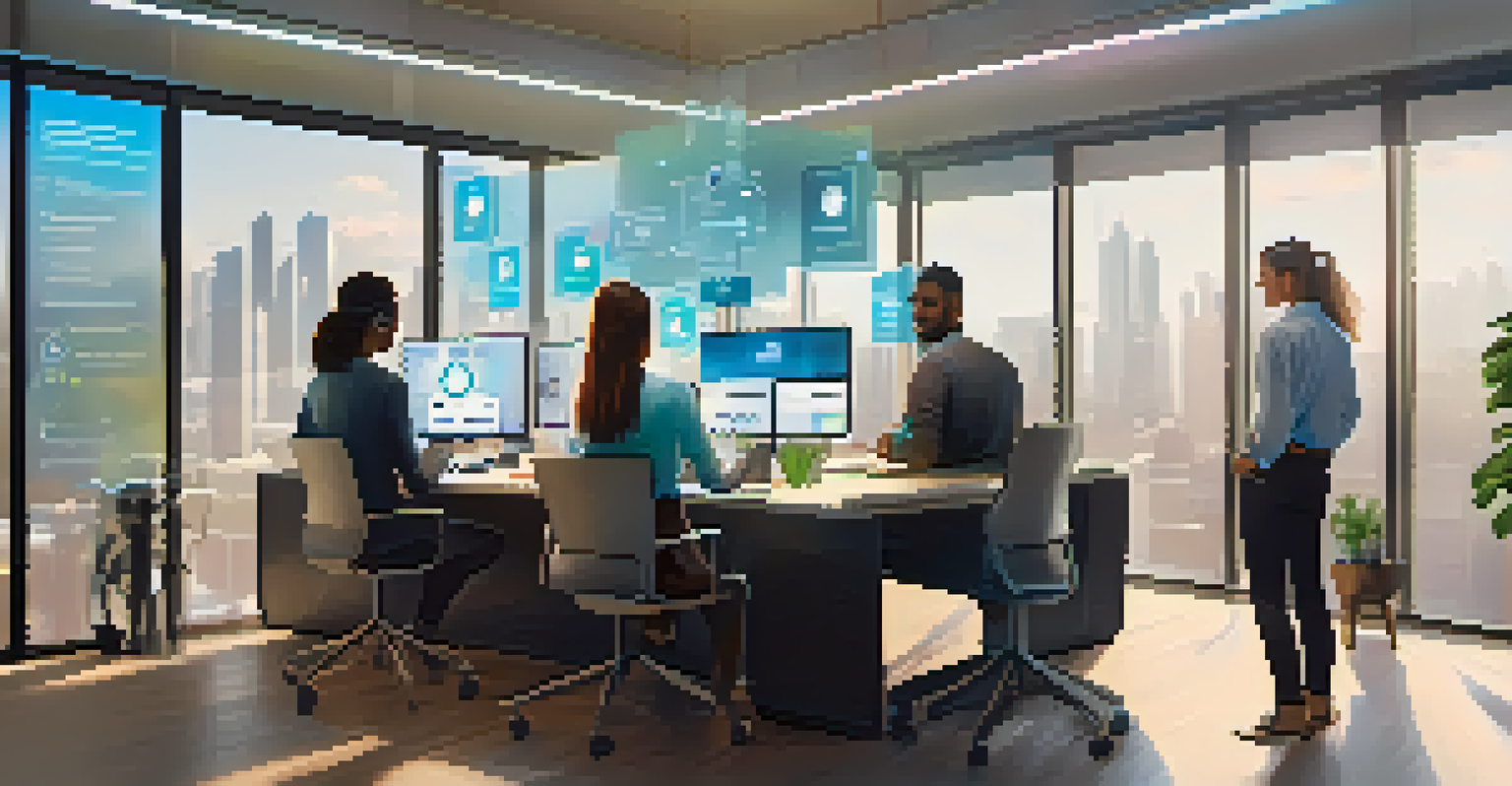 A diverse group of people in a modern office interacting with digital devices and holographic displays of identity verification.
