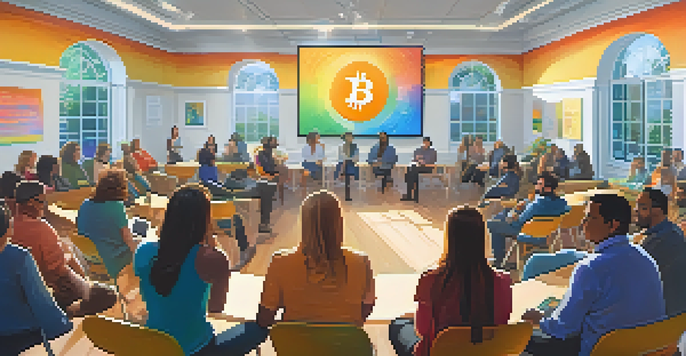 A diverse group of people in a bright, modern meeting room discussing Bitcoin governance, with banners and a digital screen displaying updates.