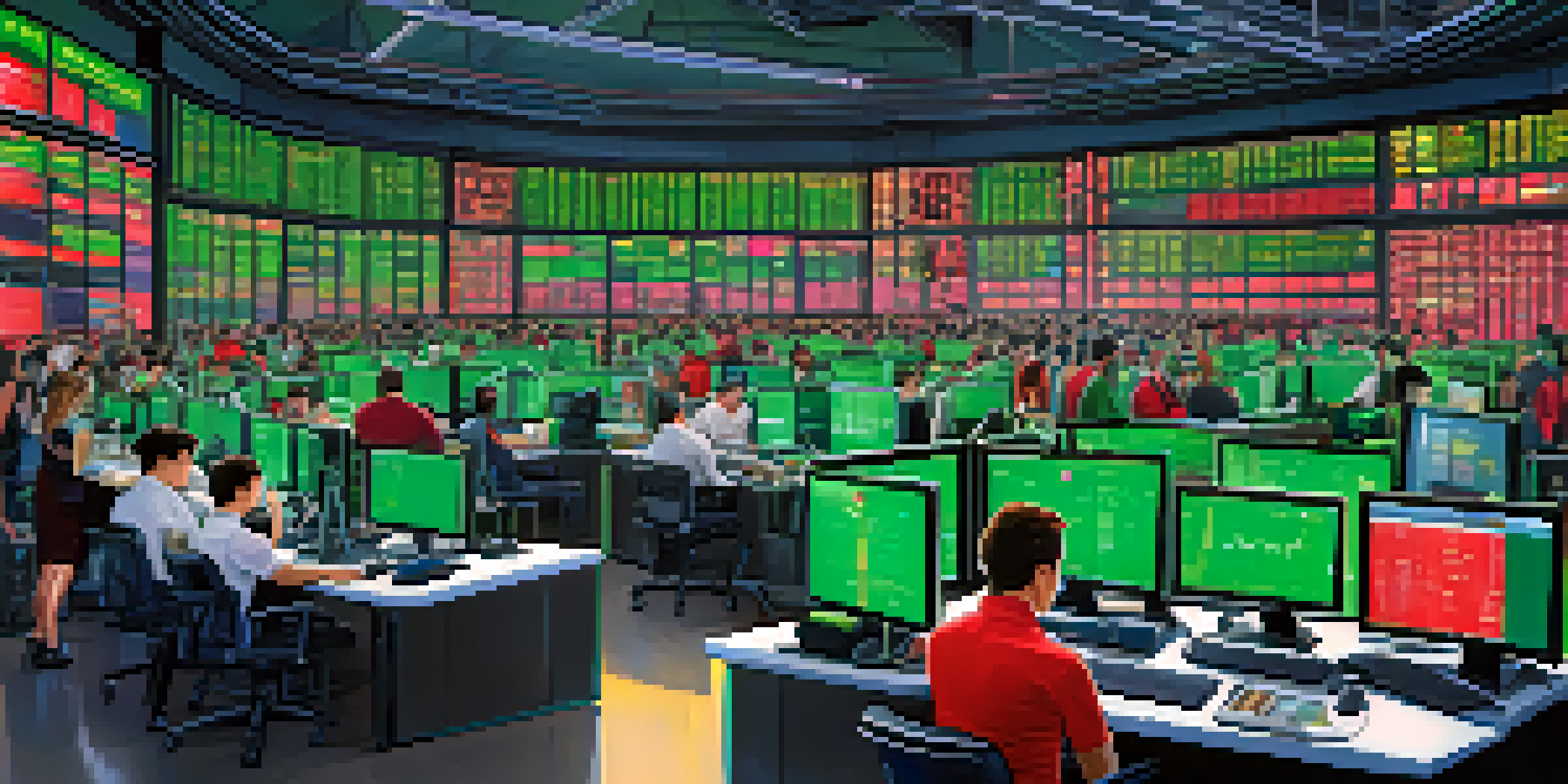 A busy cryptocurrency trading floor with traders analyzing screens of Bitcoin and altcoin graphs, illuminated by vibrant LED lights.