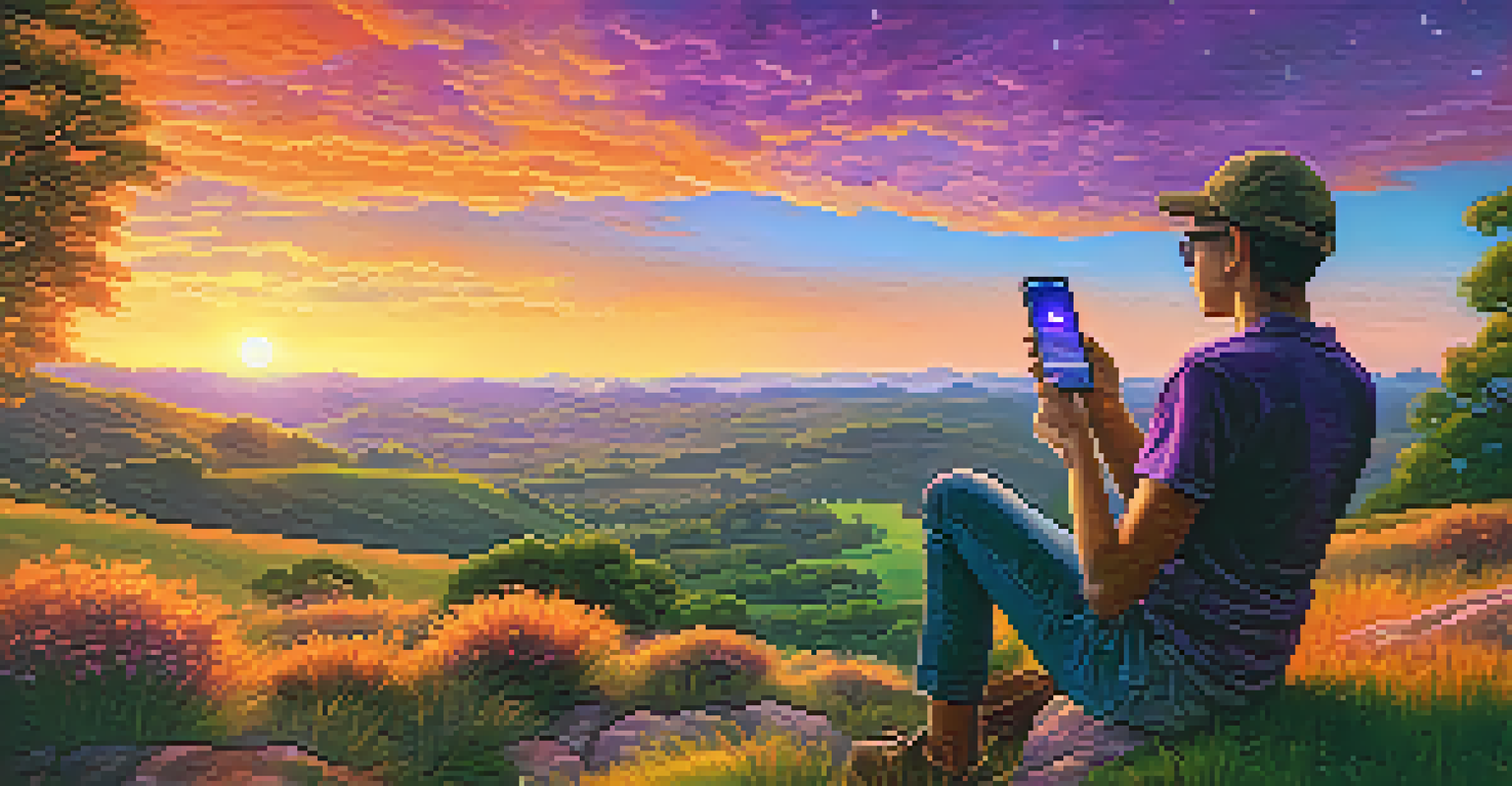 A peaceful scene of a person on a hilltop, looking at a sunset and holding a smartphone with a Bitcoin app.