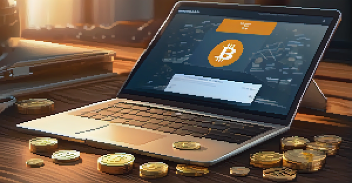 A close-up of a Bitcoin wallet on a wooden table, with scattered coins and a laptop in the background.