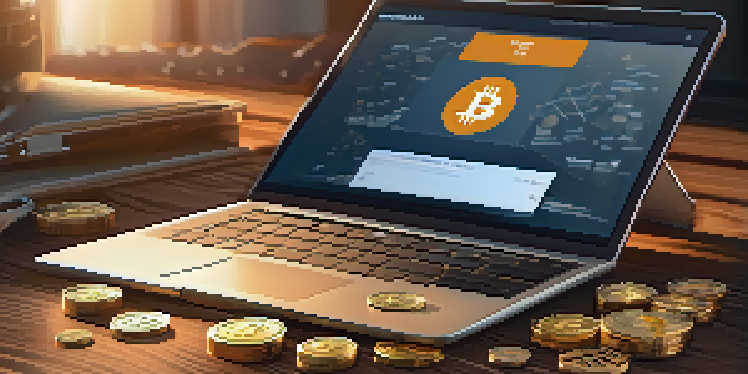 A close-up of a Bitcoin wallet on a wooden table, with scattered coins and a laptop in the background.