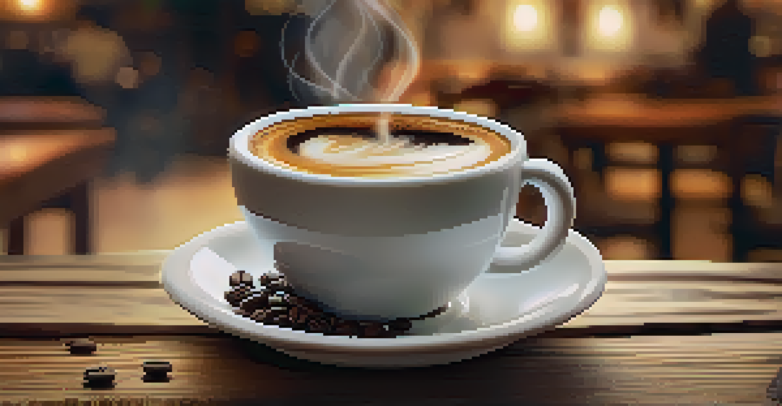 A close-up of a steaming cup of coffee on a wooden table, with coffee beans blurred in the background and warm café lighting.