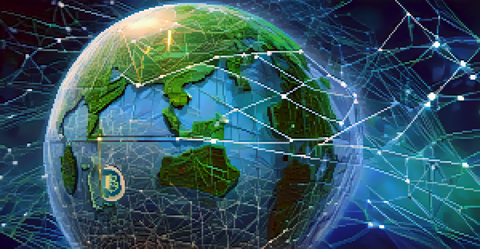 A transparent Bitcoin symbol above a globe, with digital connections and icons for charitable causes, in blue and green hues.