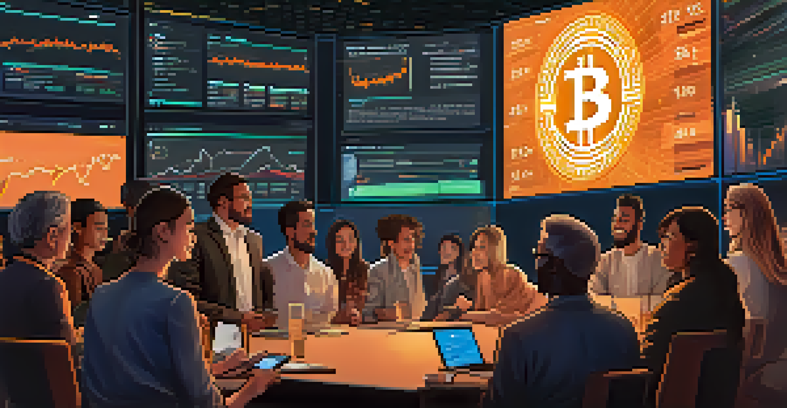 A diverse group of people studying Bitcoin price charts on a large screen in a bright, modern environment.