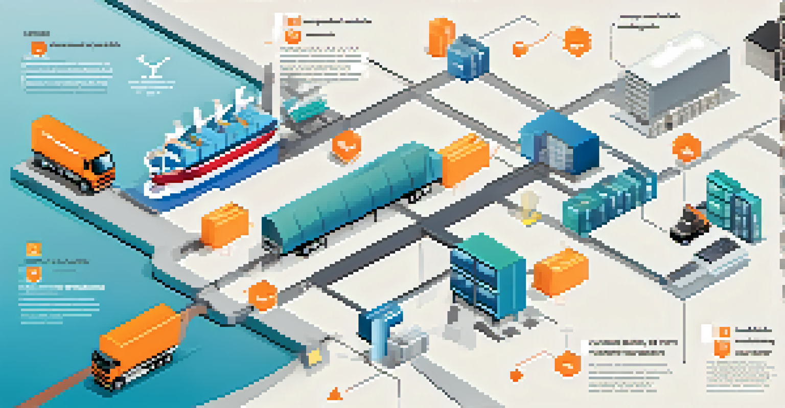 An infographic showing the supply chain journey of a product with icons for raw materials, manufacturing, and delivery, overlaid with a blockchain graphic.