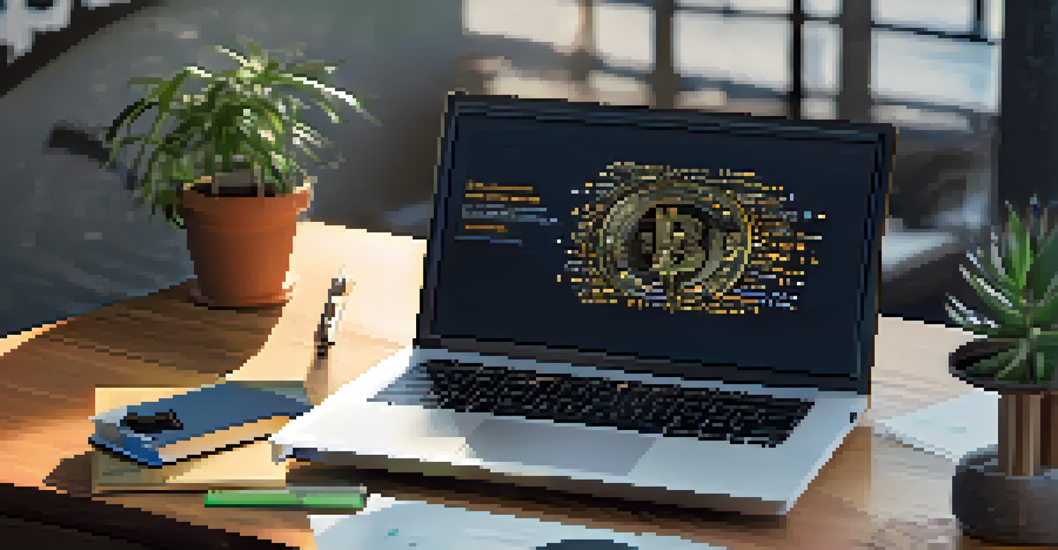 A close-up of a laptop screen showing a Bitcoin education platform with a coffee cup and study notes nearby.