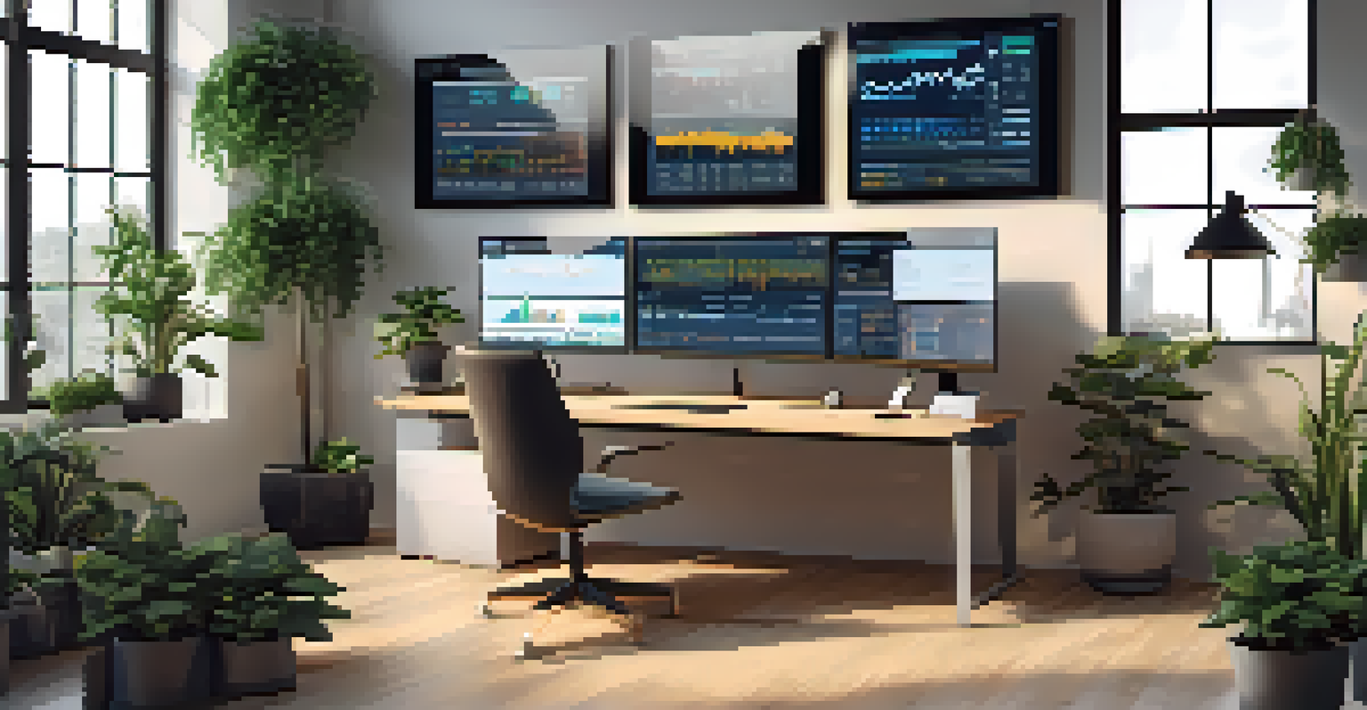 A modern workspace with multiple screens showing Bitcoin market data, plants, and tech gadgets.
