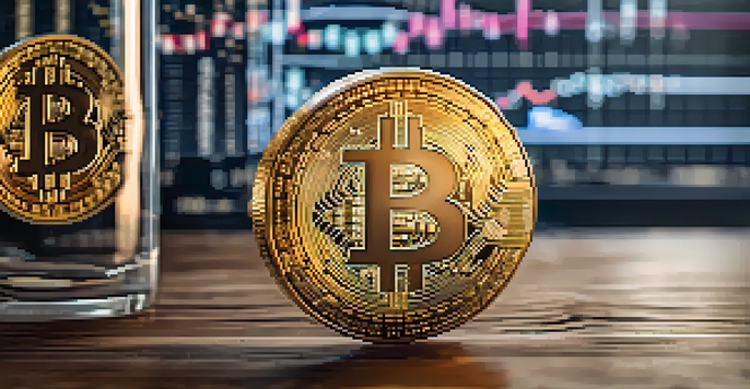 A close-up of a Bitcoin coin on a wooden table with financial charts blurred in the background.