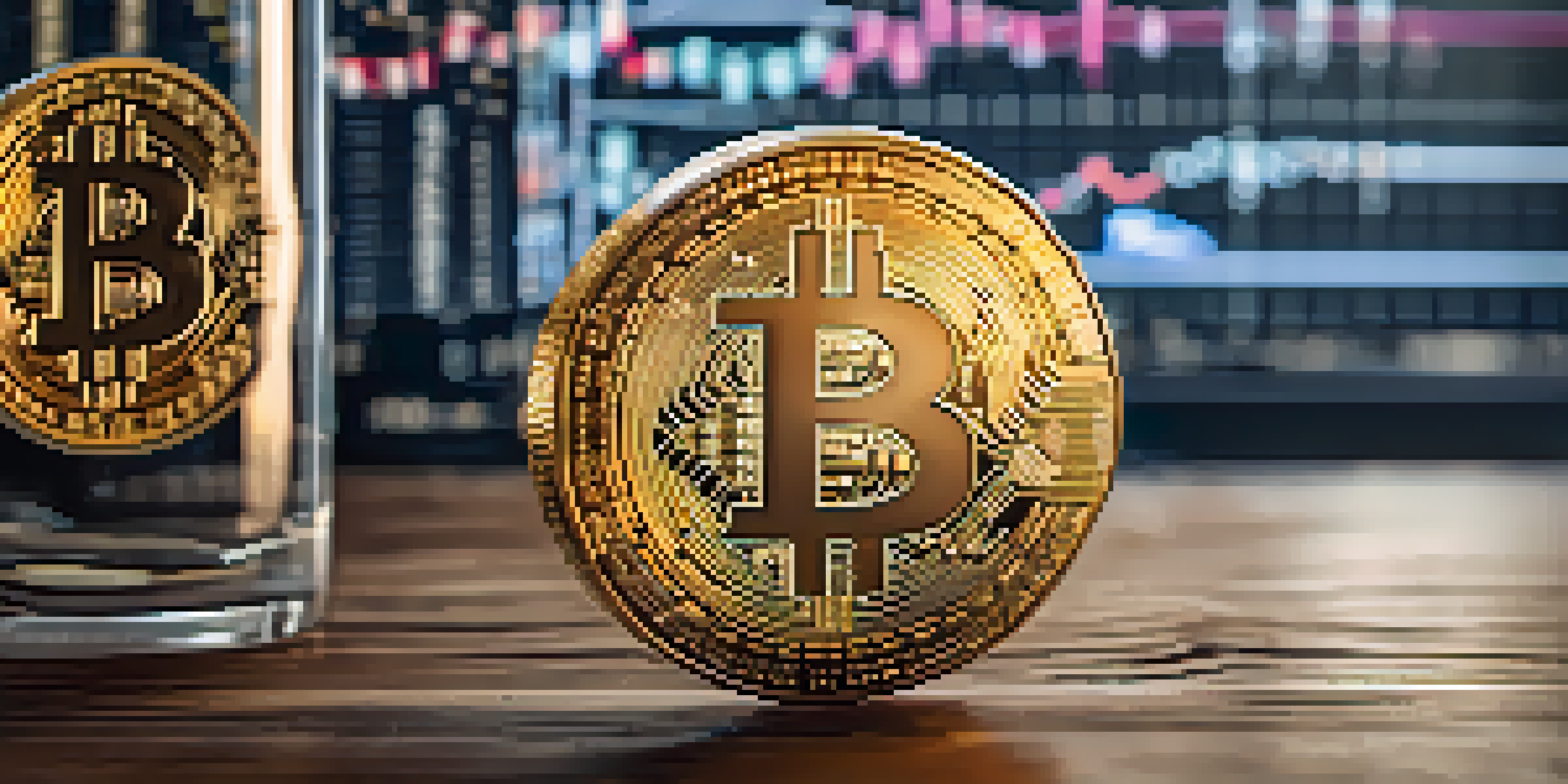 A close-up of a Bitcoin coin on a wooden table with financial charts blurred in the background.