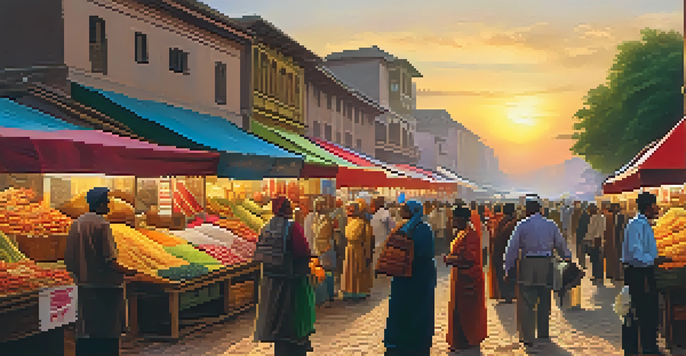 A busy marketplace with stalls selling goods, where people appear concerned about rising prices, set against a warm sunset.