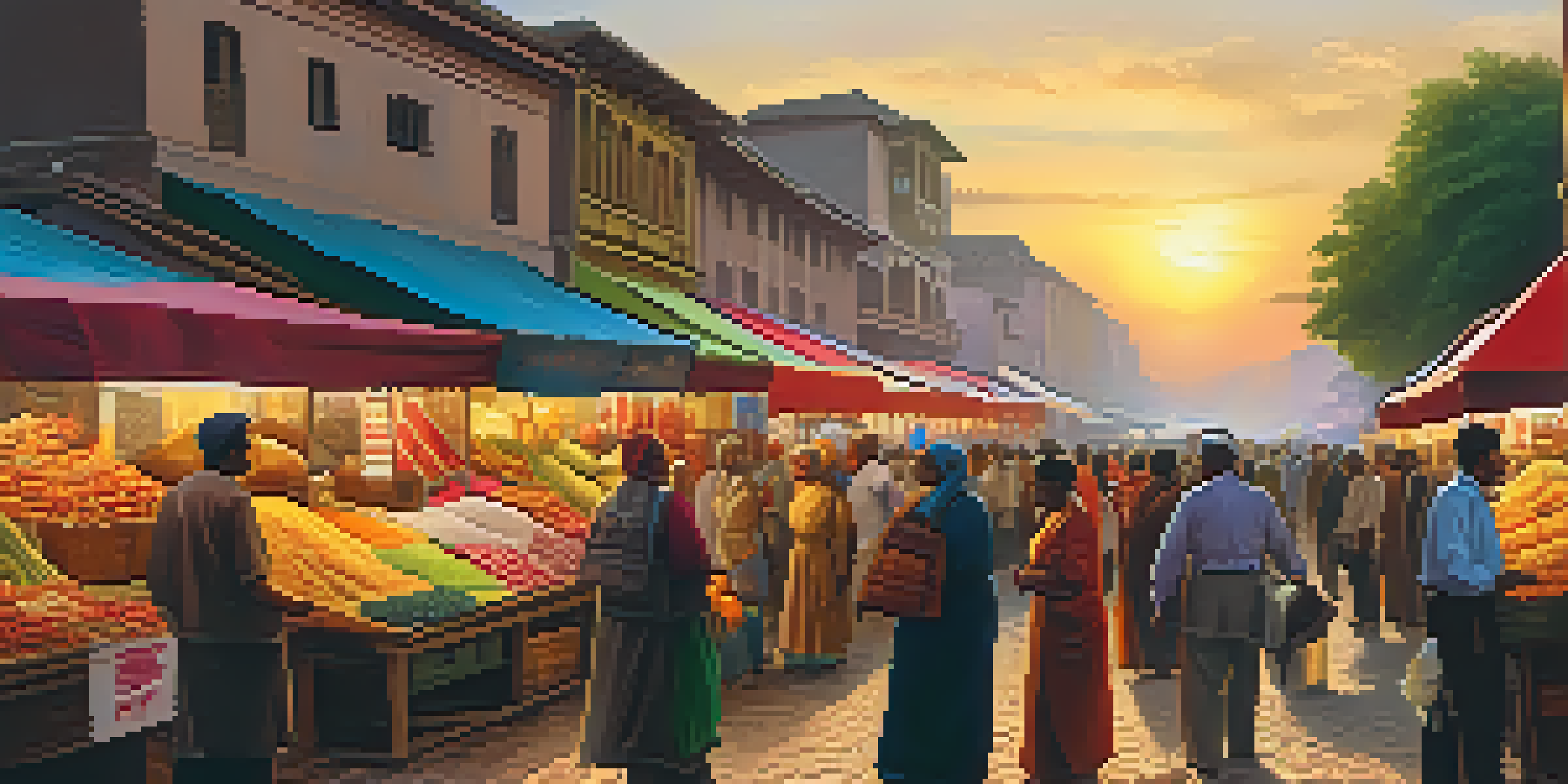 A busy marketplace with stalls selling goods, where people appear concerned about rising prices, set against a warm sunset.
