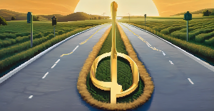 An illustration showing a fork in the road with Bitcoin and Bitcoin Cash symbols, surrounded by a vibrant landscape.