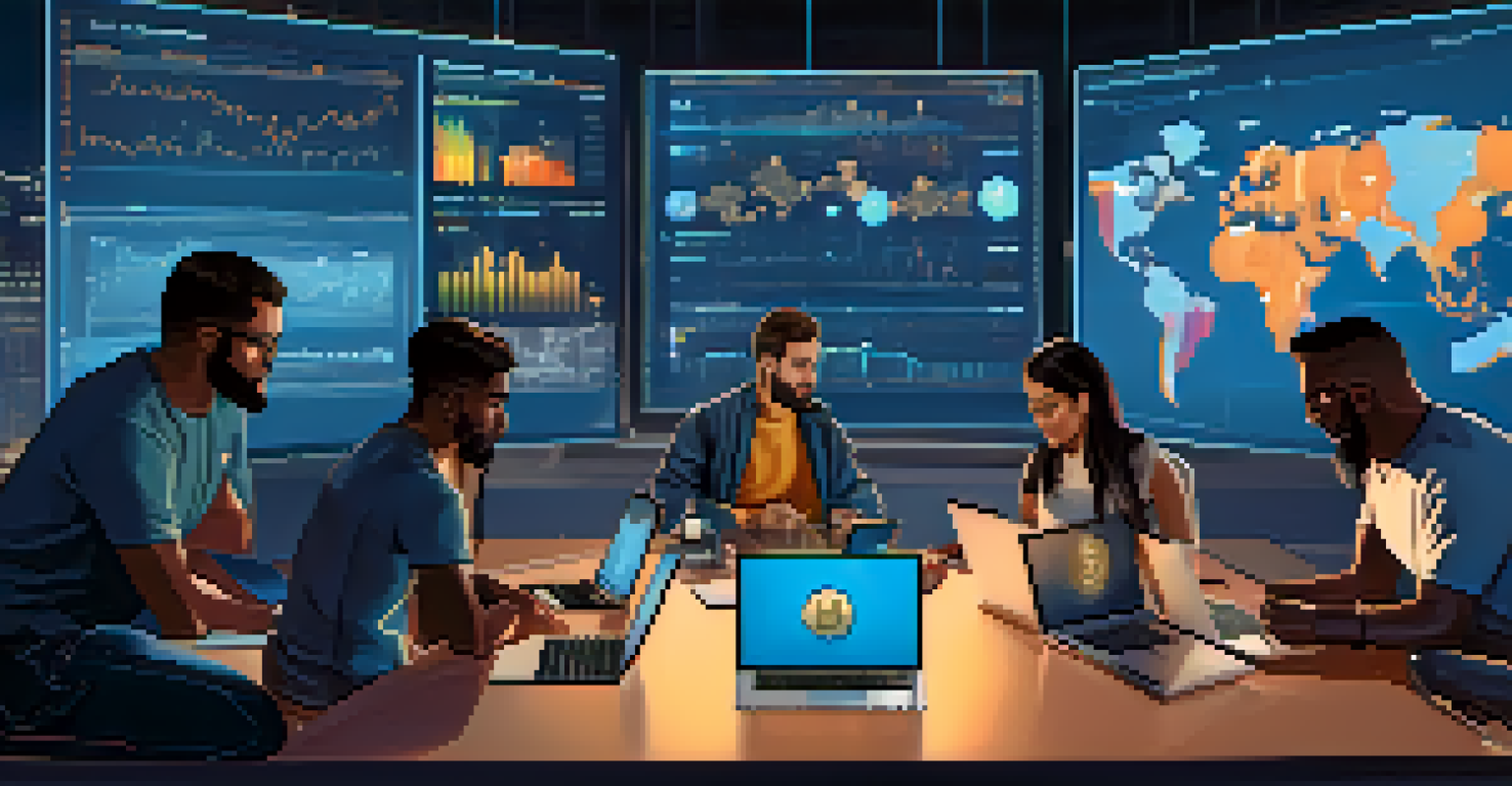 A diverse group of individuals discussing cryptocurrency at a table with laptops, with a screen displaying Bitcoin charts in the background.
