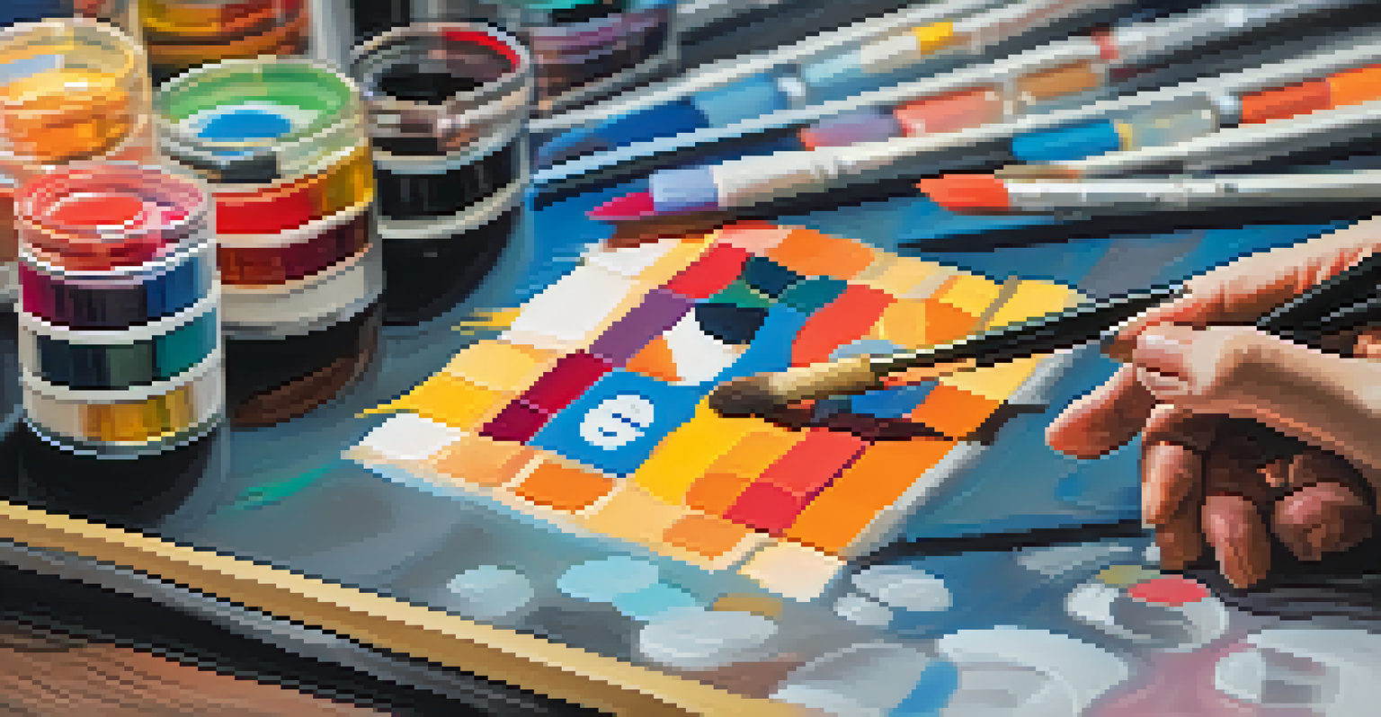 An artist's hand painting a canvas with traditional and digital motifs related to cryptocurrency.